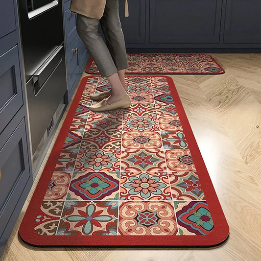 Anti-Slip Kitchen Runner Rug with Bohemian Tile Print