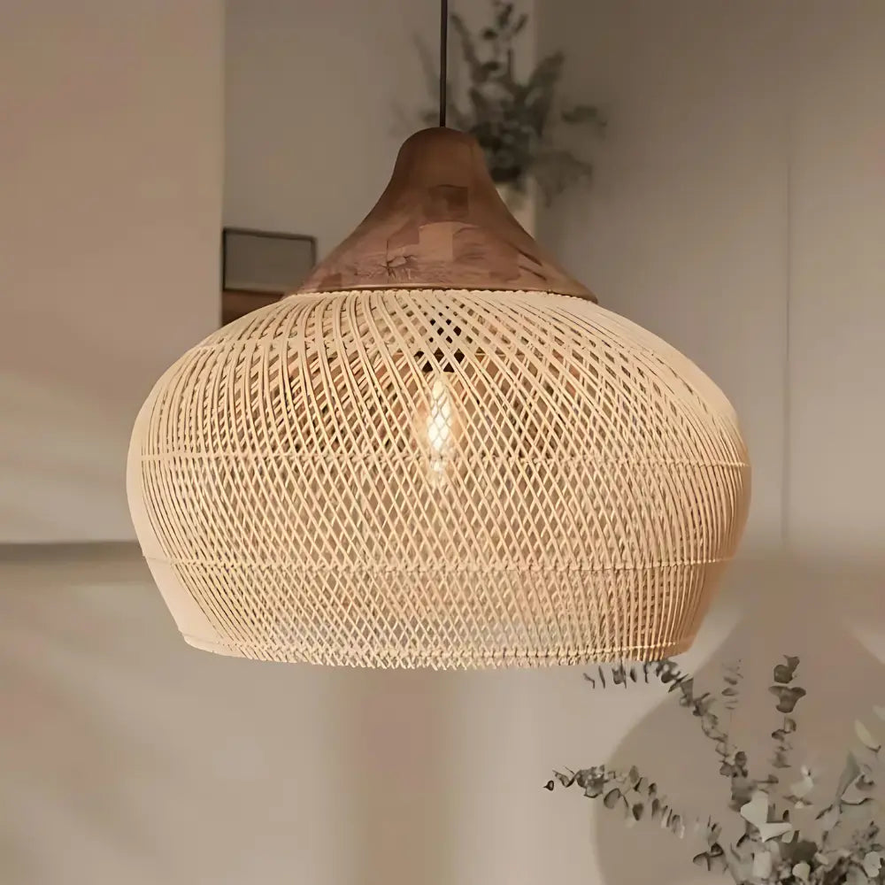 Bohemian Rattan Pendant Lamp with Woven Shade and Wood Top