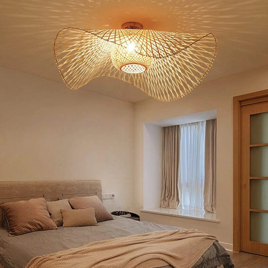 Ceiling Lamp Bohemian Woven Bamboo Shade with Wave Design