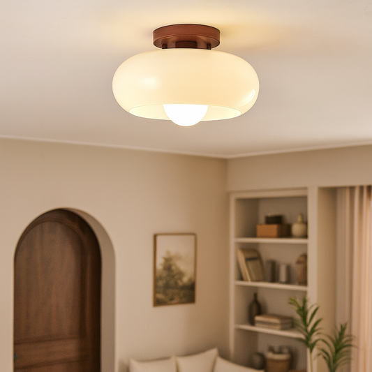 Ceiling Lamp Retro with Round Glass Shade and Wood Canopy
