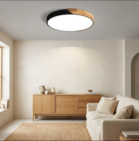 Ceiling Lamp Scandinavian Round with Wood Accent and Integrated LED