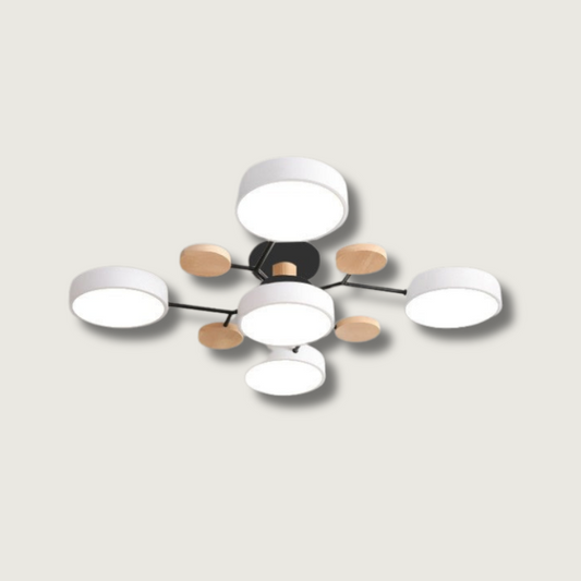 Ceiling Lamp Scandinavian with Round LED Heads and Wood Accents