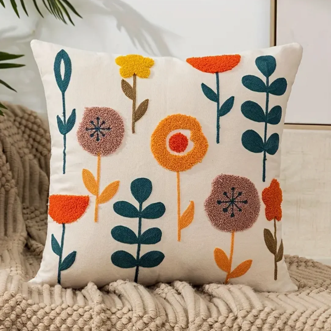 Decorative Throw Pillow Cover with Embroidered Floral Pattern