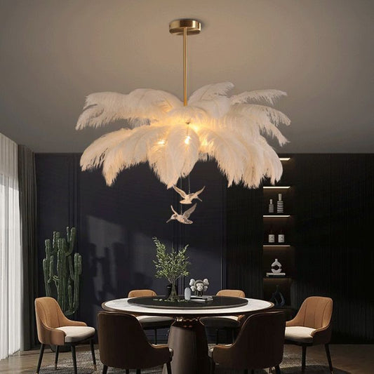 Feather Chandelier Bohemian with Feather Shade and Hanging Bird Ornaments