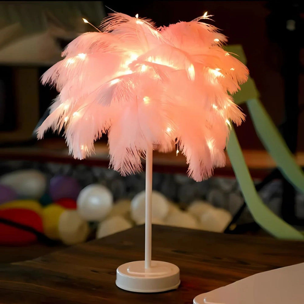 Feather Table Lamp Bohemian with Feather Shade and Remote Control