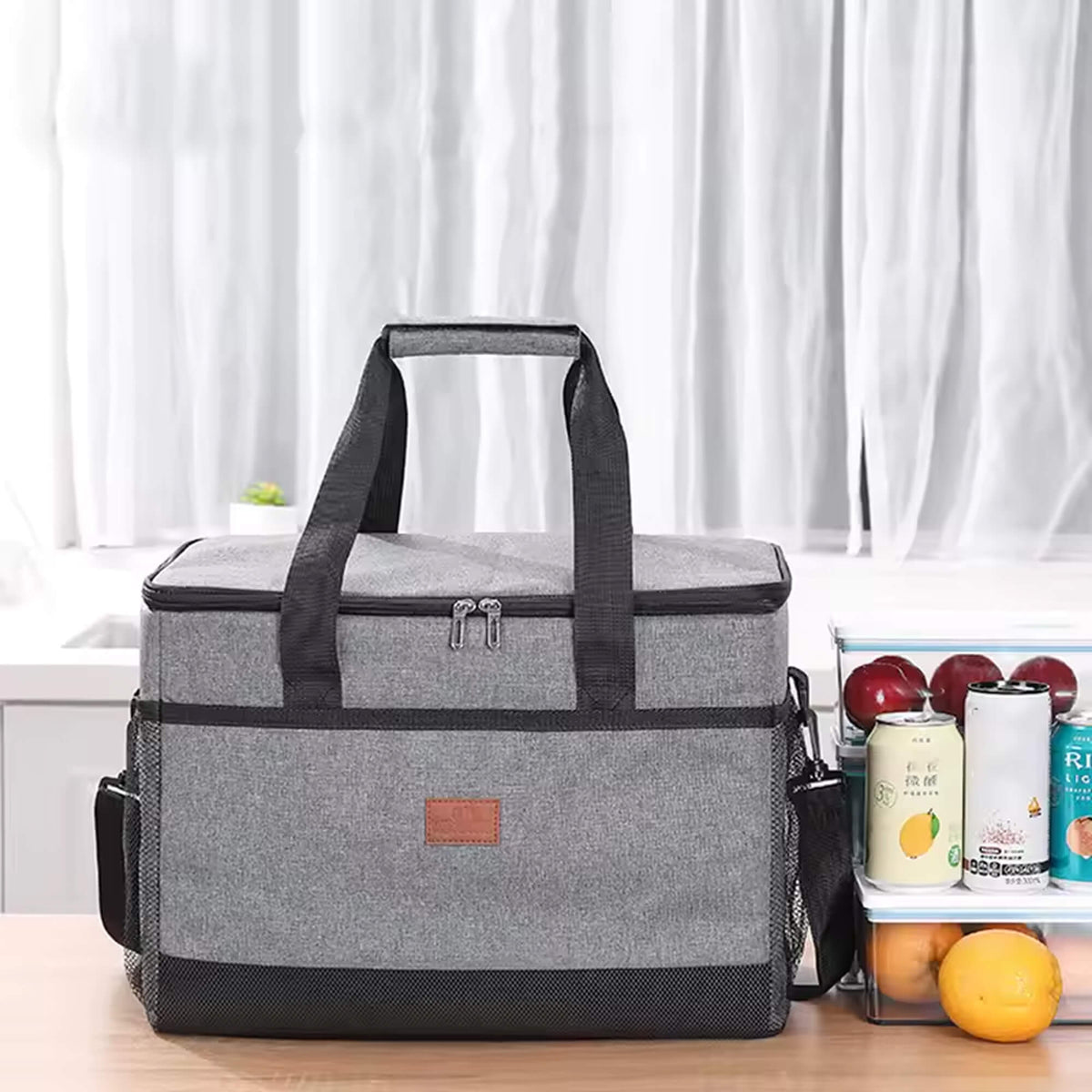 Foldable Cooler Bag with Shoulder Strap and Side Mesh Pockets