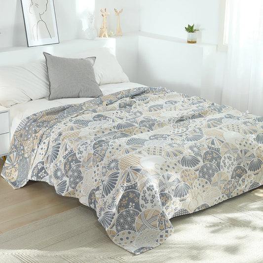 Four-Layer Gauze Cotton Throw Blanket with Japanese Floral Pattern