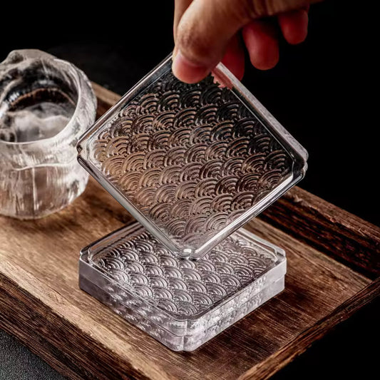 Glass Coasters with Ocean Wave Pattern, Japanese Style, Set of 4