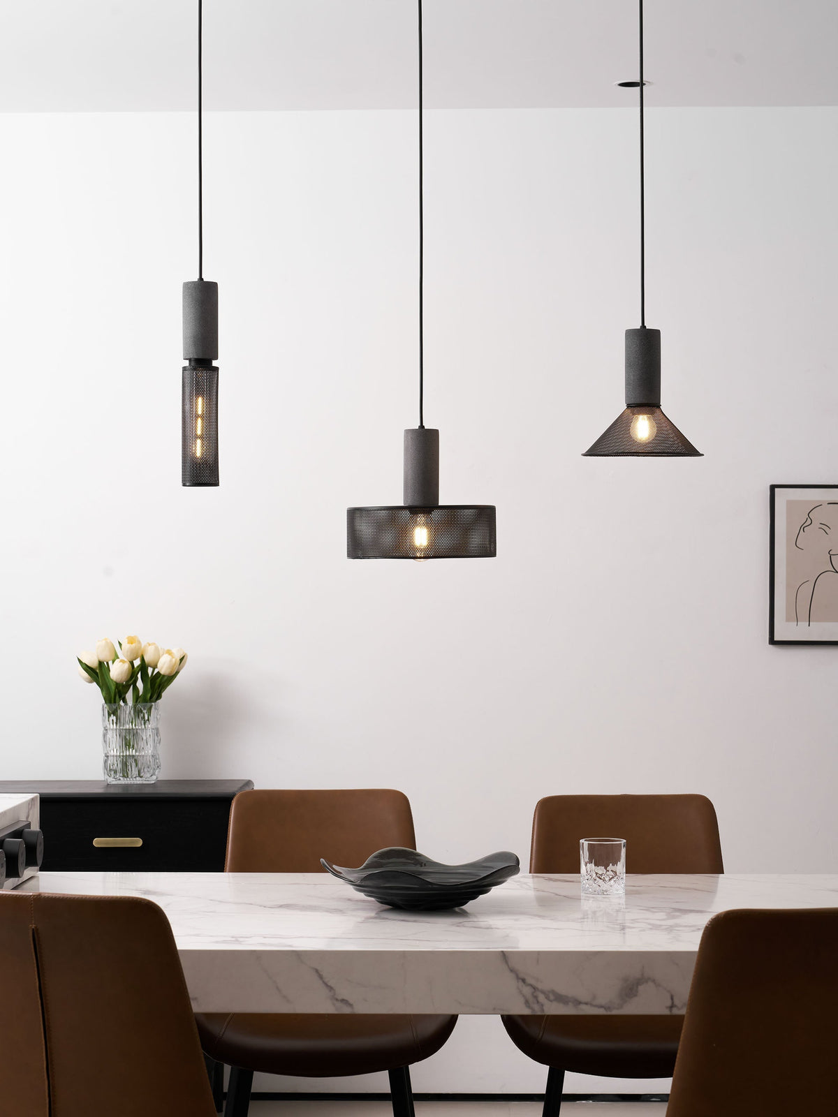 Industrial Pendant Lamp with Concrete Top and Cylindrical Mesh Shade