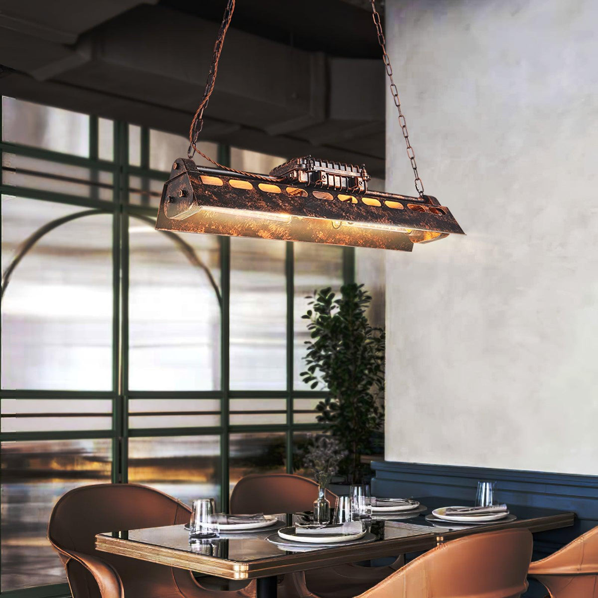 Industrial Steampunk Pendant Lamp with Rust Finish and Chain Suspension