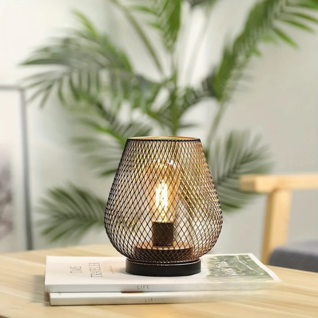 Industrial Wireless Battery Table Lamp with Metal Mesh Cage and Edison Bulb