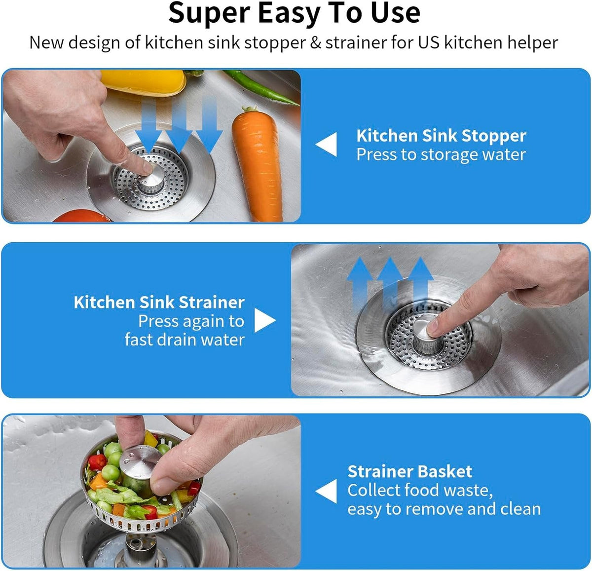 Kitchen Sink Strainer with Pop-Up Drain Stopper
