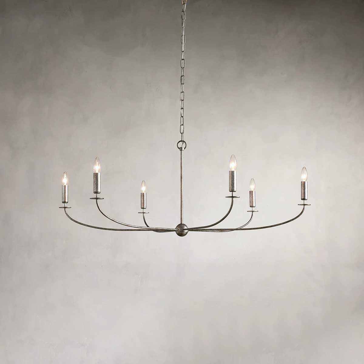 Large Candle Chandelier Art Deco Style with Curved Arms and Chain Suspension