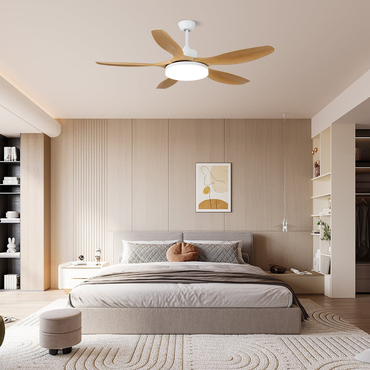 Modern Ceiling Fan with Light and Wood Grain Blades