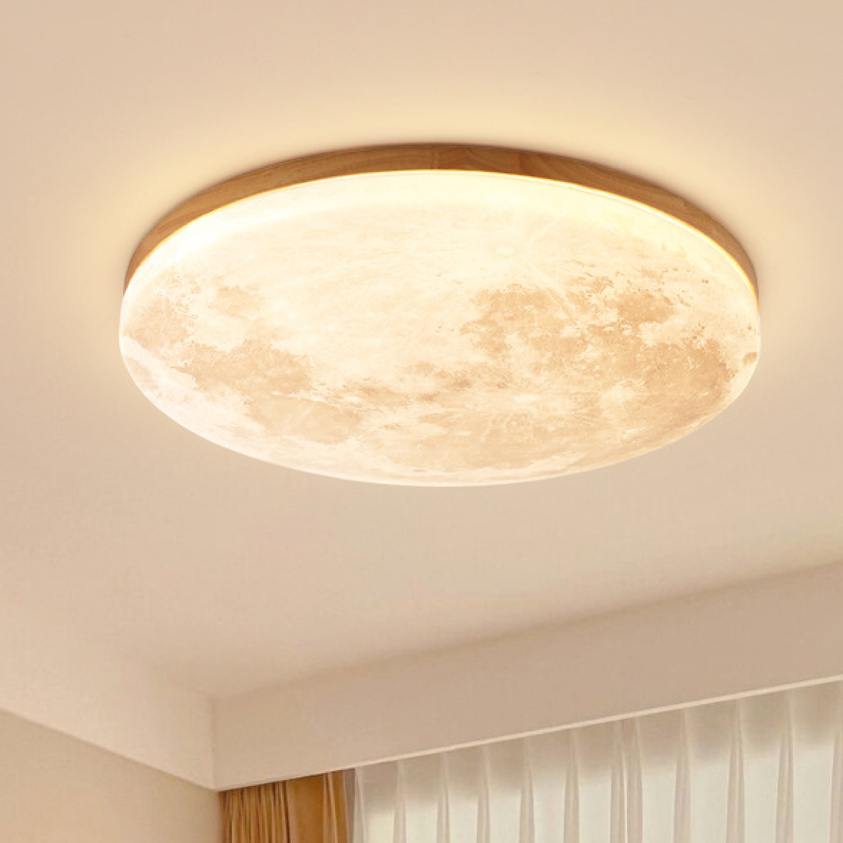 Moon Ceiling Light Scandinavian with Lunar Surface Design and Wood Frame