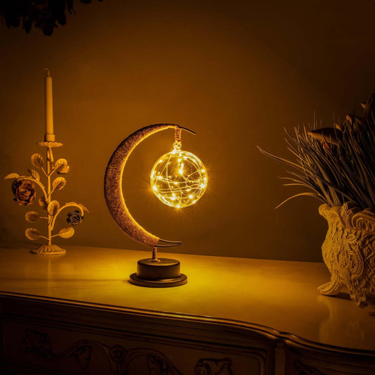 Moon Table Lamp Bohemian with Glass Globe and LED Fairy Lights