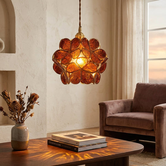 Pendant Lamp Bohemian with Flower-Shaped Glass Shade and Brass Frame