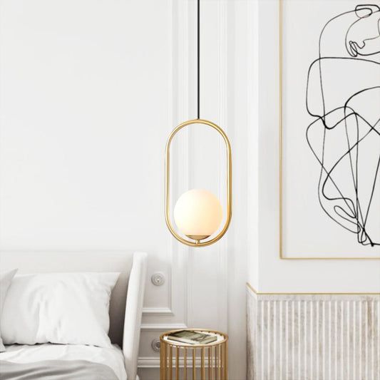 Pendant Lamp Modern with Globe Shade and Metal Ring Frame, Adjustable Height