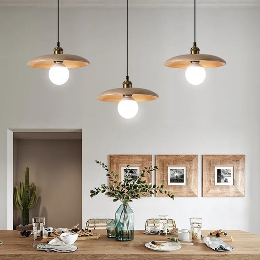 Pendant Lamp Scandinavian with Flat Wood Disc Shade and Adjustable Height