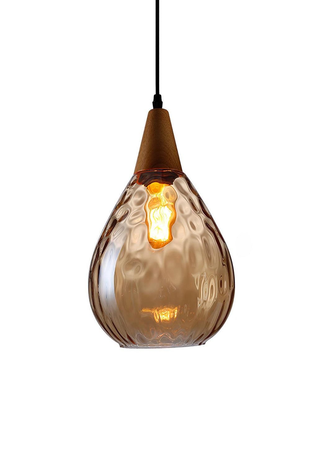 Pendant Lamp Scandinavian with Rippled Glass Shade and Wood Top