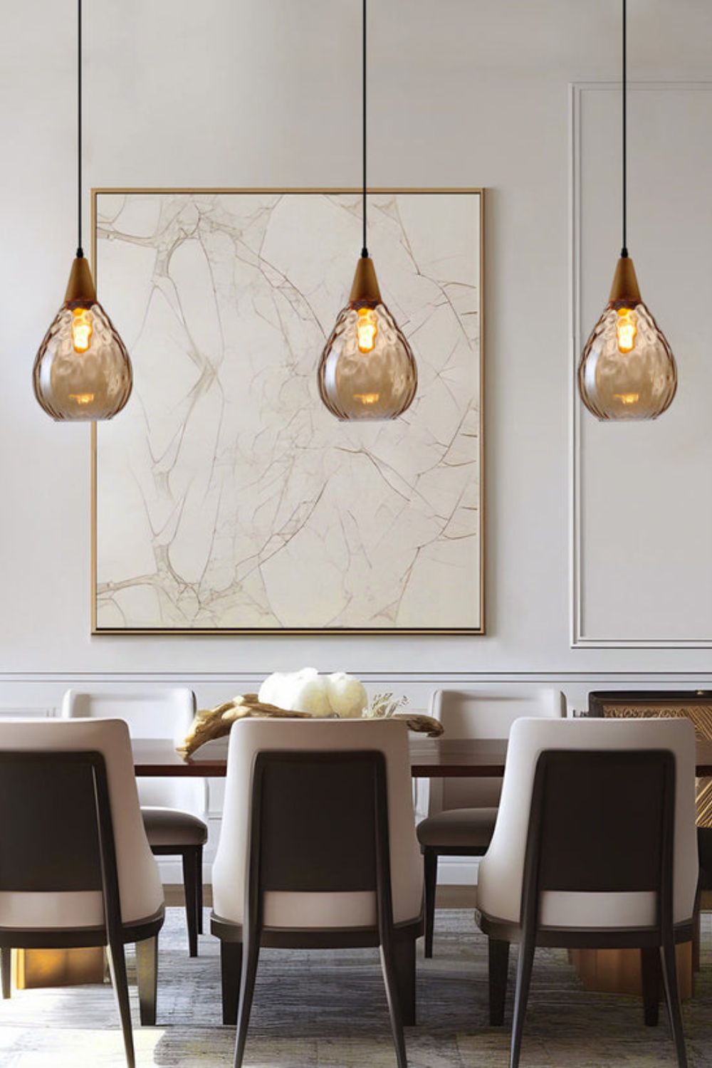 Pendant Lamp Scandinavian with Rippled Glass Shade and Wood Top