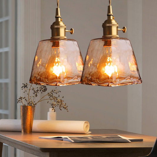 Pendant Lamp Vintage with Textured Glass Shade and Brass Fitting
