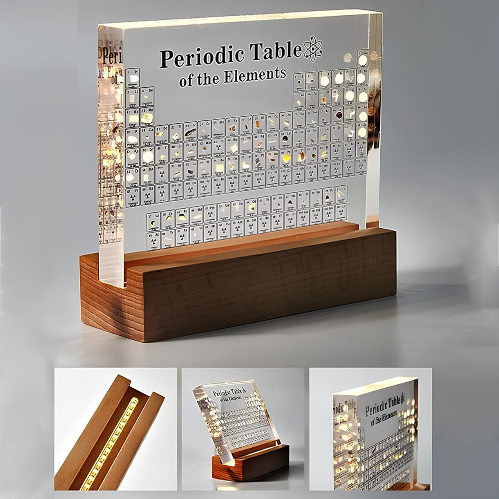 Periodic Table of Elements Acrylic Display with LED Light and Wood Base
