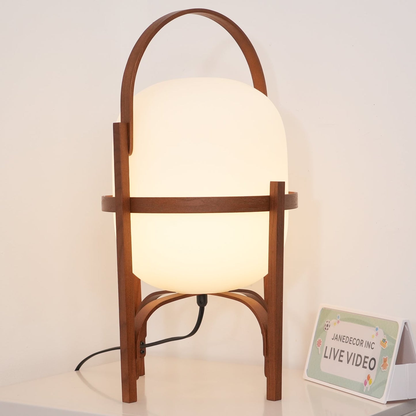 Portable Lantern Table Lamp Scandinavian with Wood Frame and Globe Glass Shade