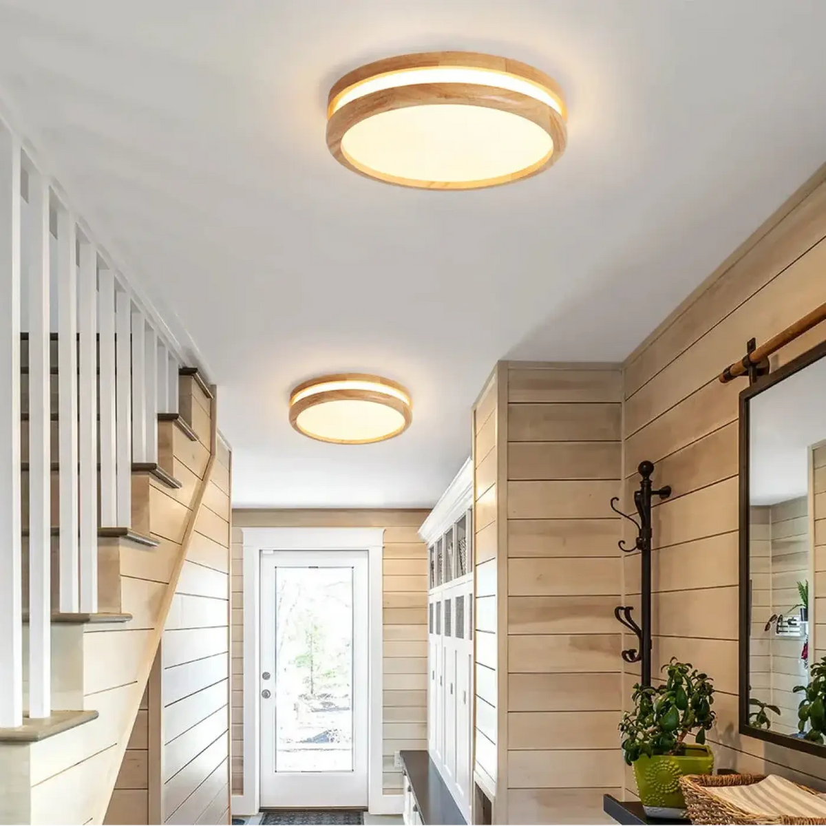 Round LED Ceiling Light Scandinavian Style with Wood Ring Frame