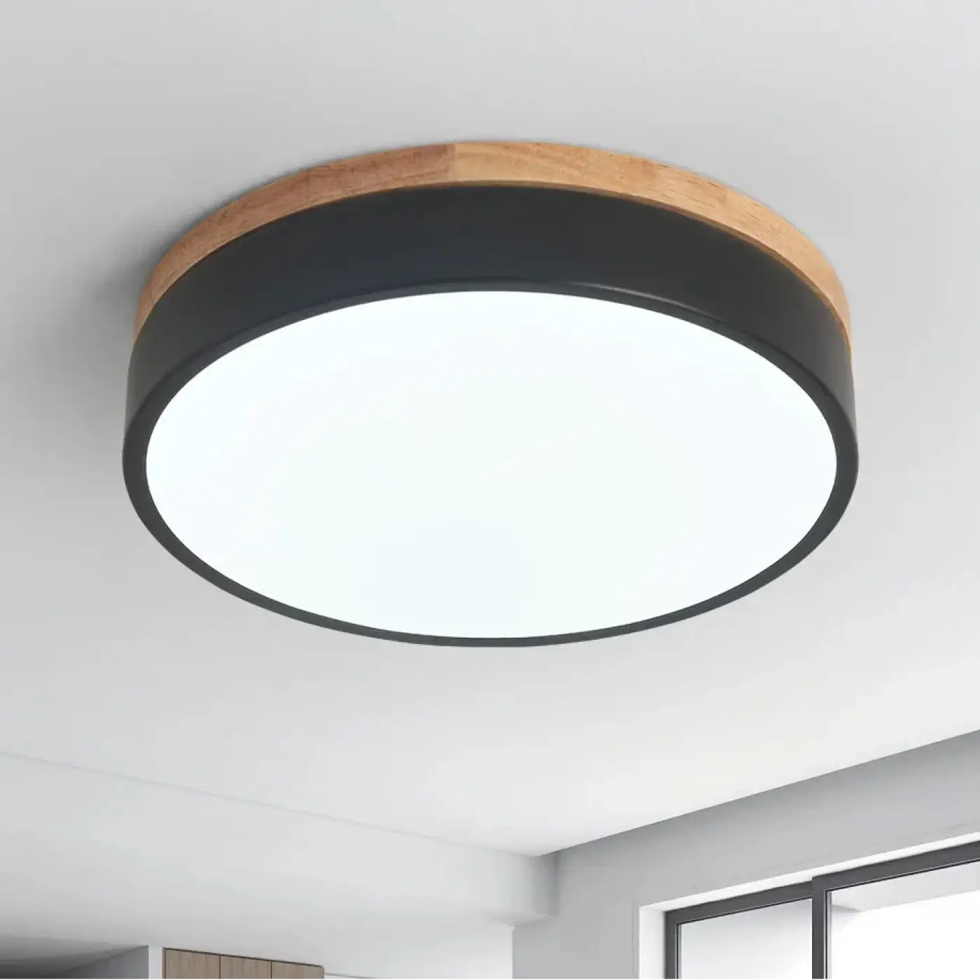 Round LED Ceiling Light Scandinavian Style with Wood Ring Frame