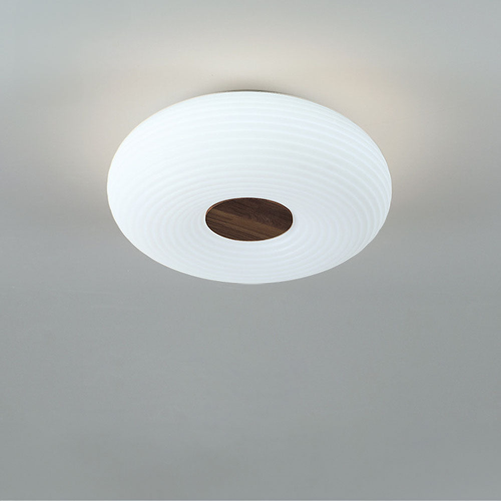 Round LED Ceiling Light Scandinavian with Ripple Shade and Wood Detail