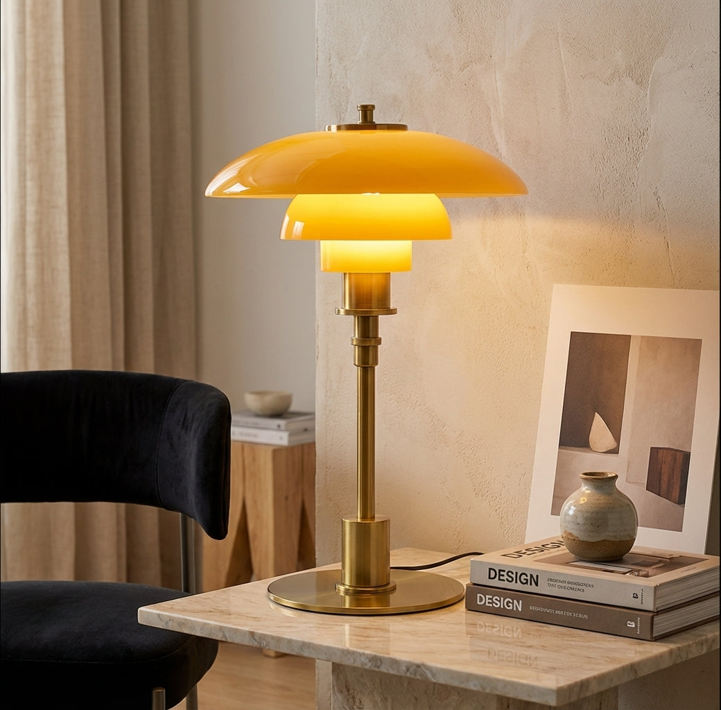 Scandinavian Table Lamp with Triple-Layered Glass Shade and Brass or Chrome Base