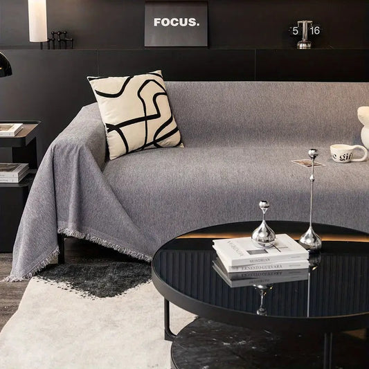 Sofa Cover Throw Blanket with Fringe Trim and Herringbone Texture