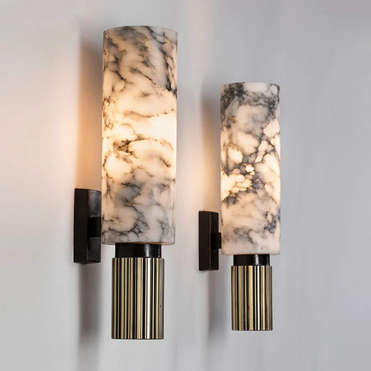 Wall Lamp Art Deco with Marble Cylinder Shade and Ribbed Brass Base