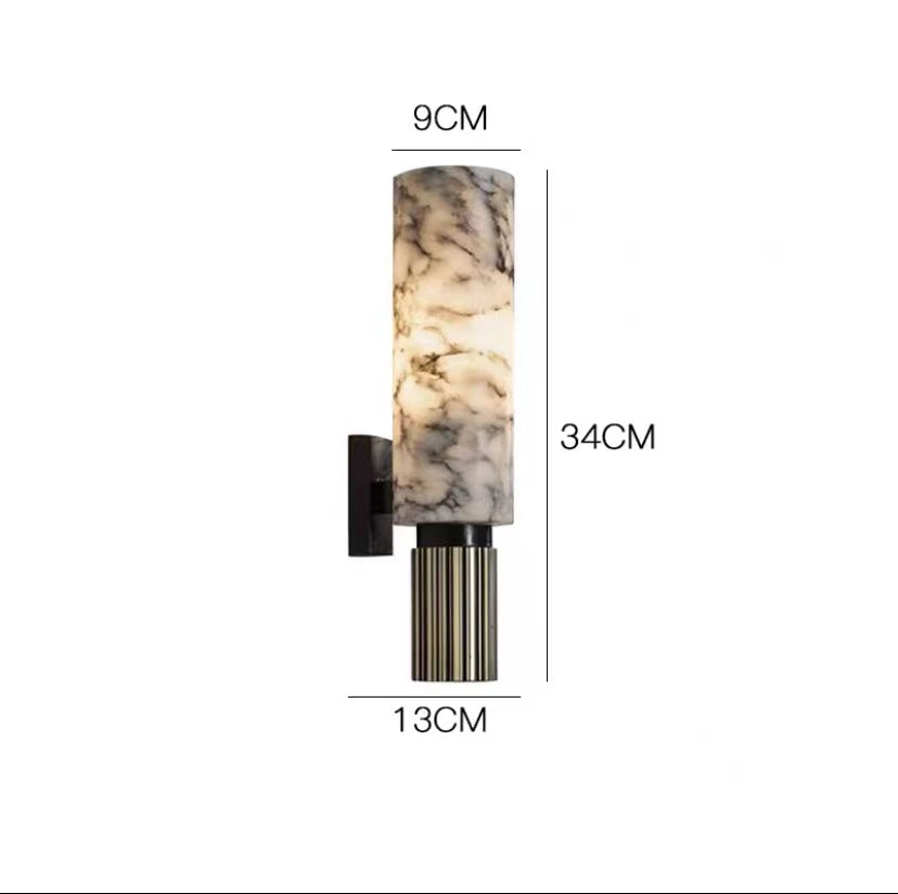 Wall Lamp Art Deco with Marble Cylinder Shade and Ribbed Brass Base