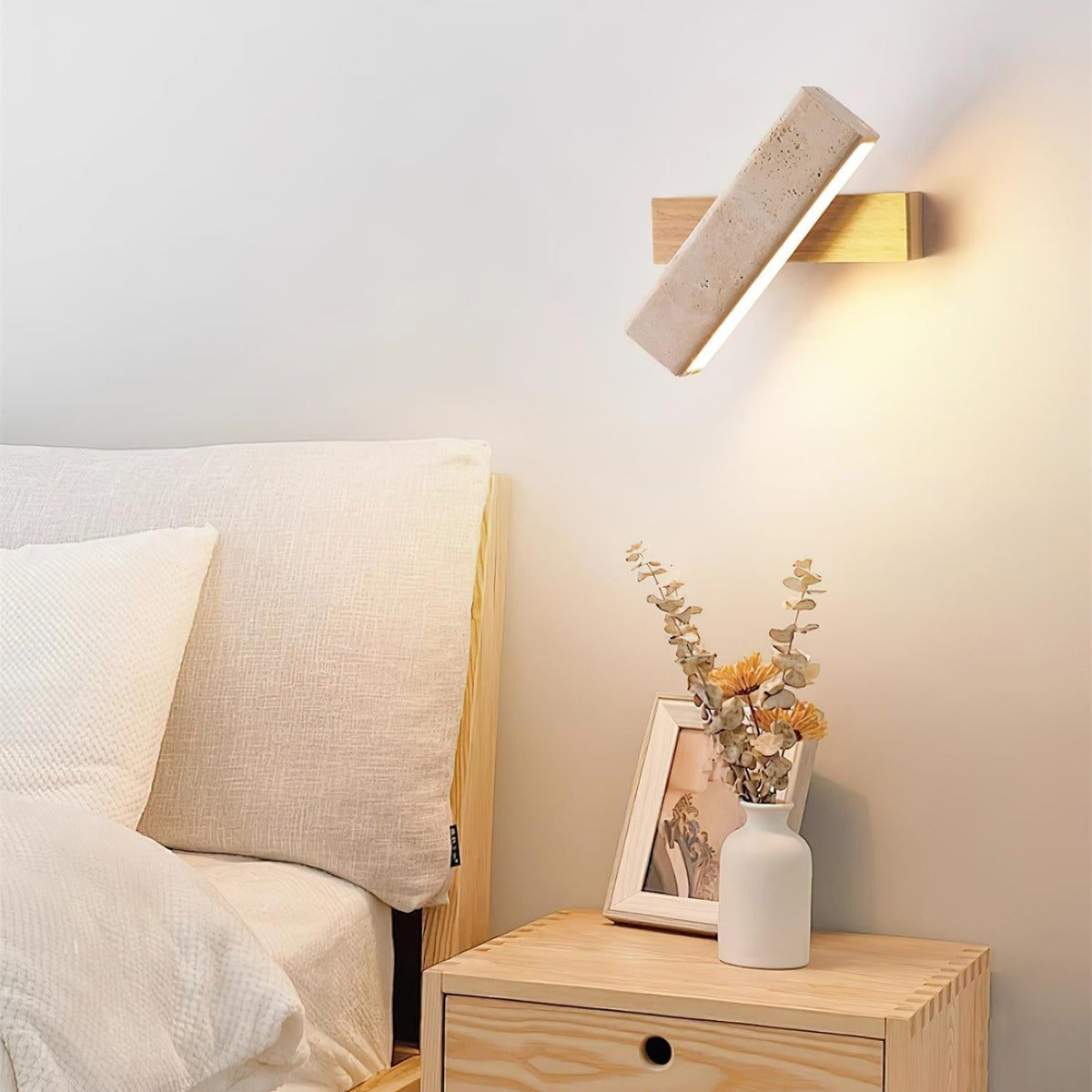 Wall Lamp Scandinavian Rotatable Travertine Stone with Wood Base