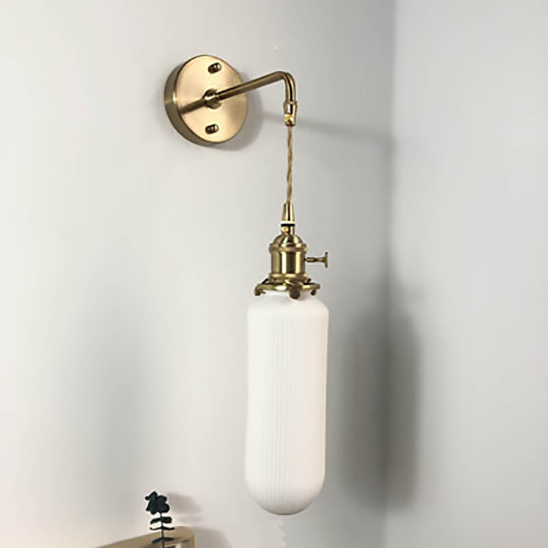 Wall Lamp Vintage with Ribbed Ceramic Shade and Brass Arm