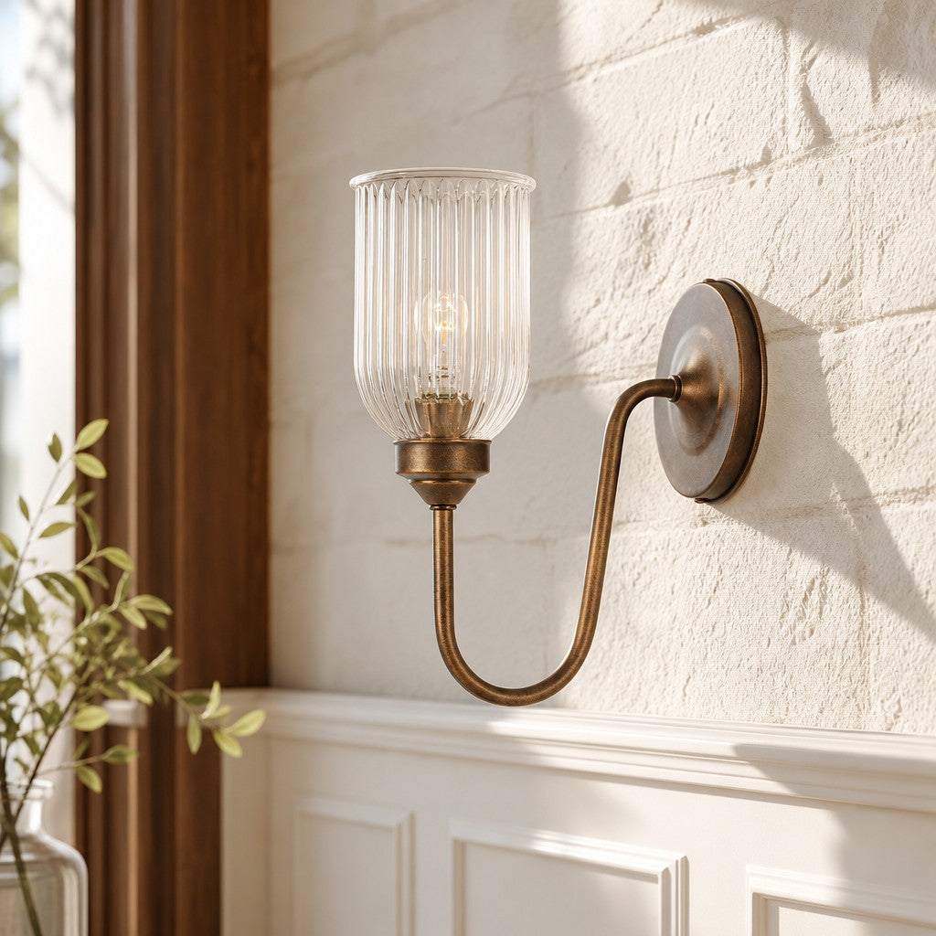 Wall Sconce Vintage with Ribbed Glass Shade and Curved Brass Arm