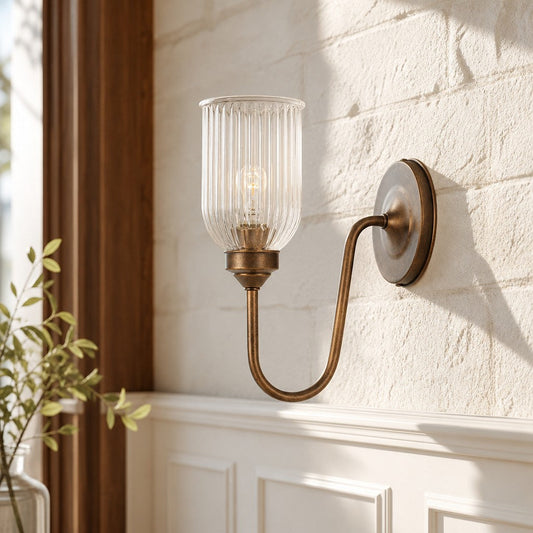Wall Sconce Vintage with Ribbed Glass Shade and Curved Brass Arm
