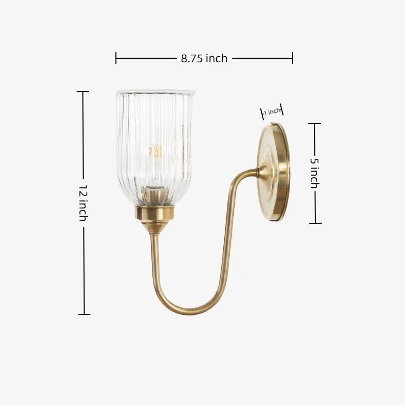 Wall Sconce Vintage with Ribbed Glass Shade and Curved Brass Arm