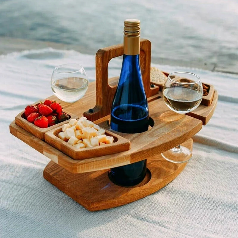Wooden Picnic Wine Table with Bottle Holder, Glass Holders and Snack Trays