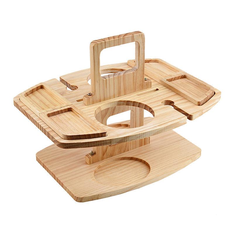 Wooden Picnic Wine Table with Bottle Holder, Glass Holders and Snack Trays