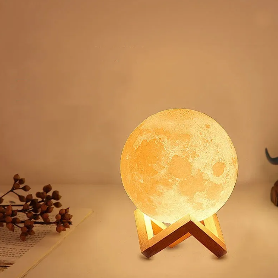 3D Moon Lamp LED Night Light with Remote and 16 Colors on Wooden Stand