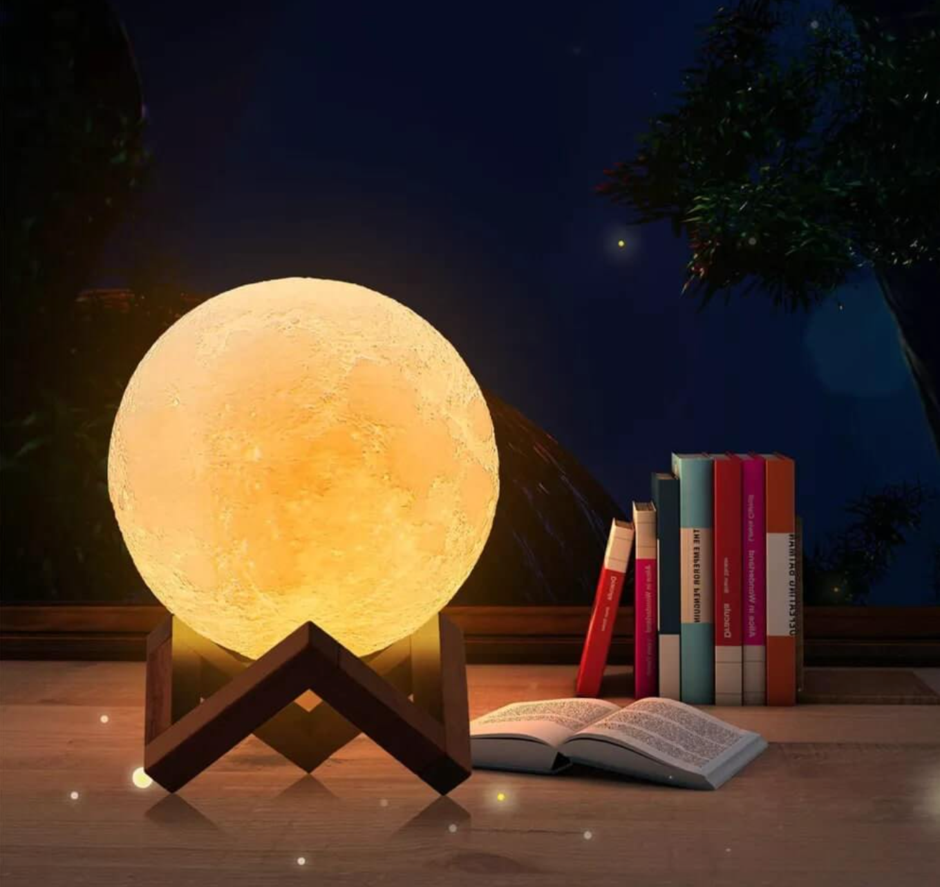 3D Moon Lamp LED Night Light with Remote and 16 Colors on Wooden Stand