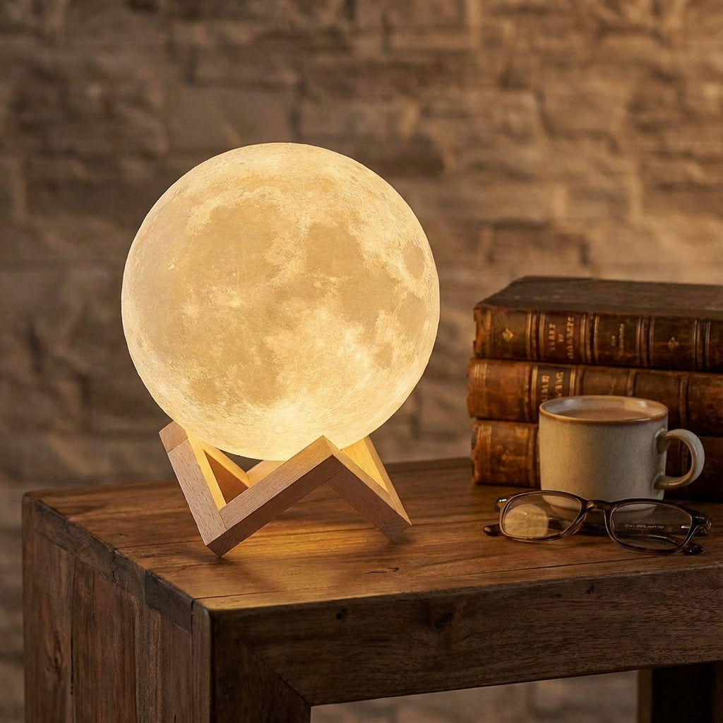 3D Moon Lamp LED Night Light with Remote and 16 Colors on Wooden Stand