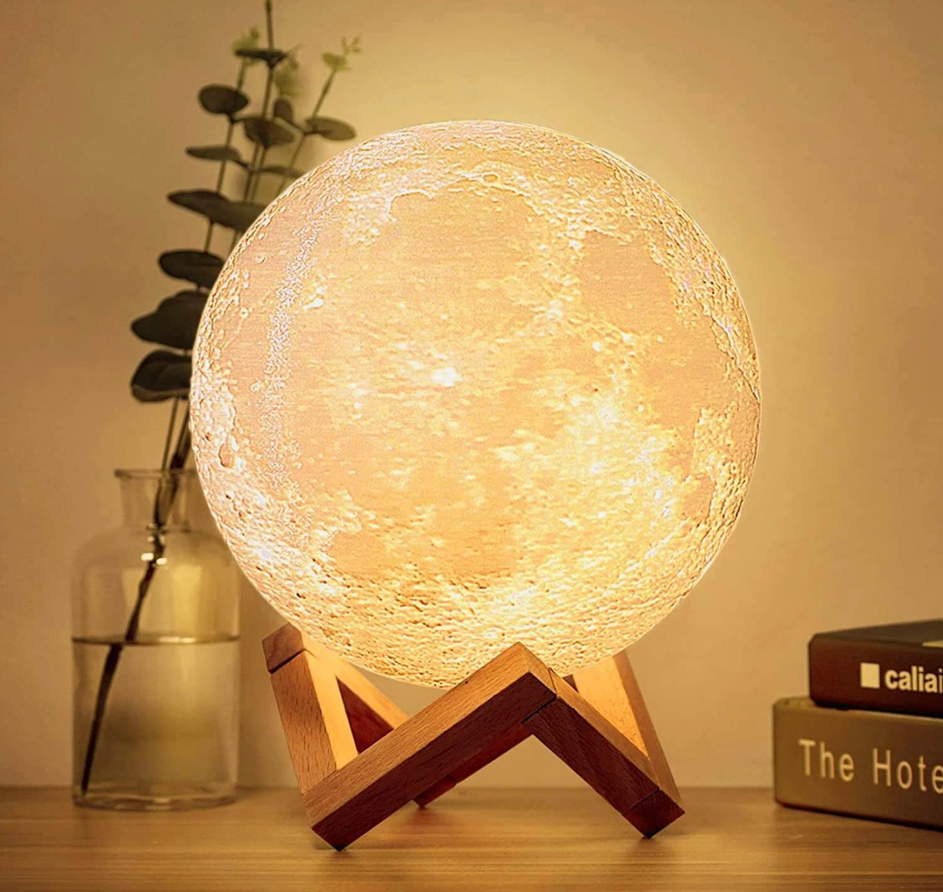 3D Moon Lamp LED Night Light with Remote and 16 Colors on Wooden Stand