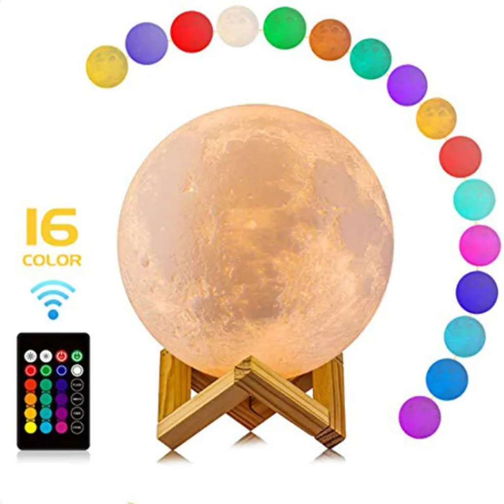 3D Moon Lamp LED Night Light with Remote and 16 Colors on Wooden Stand