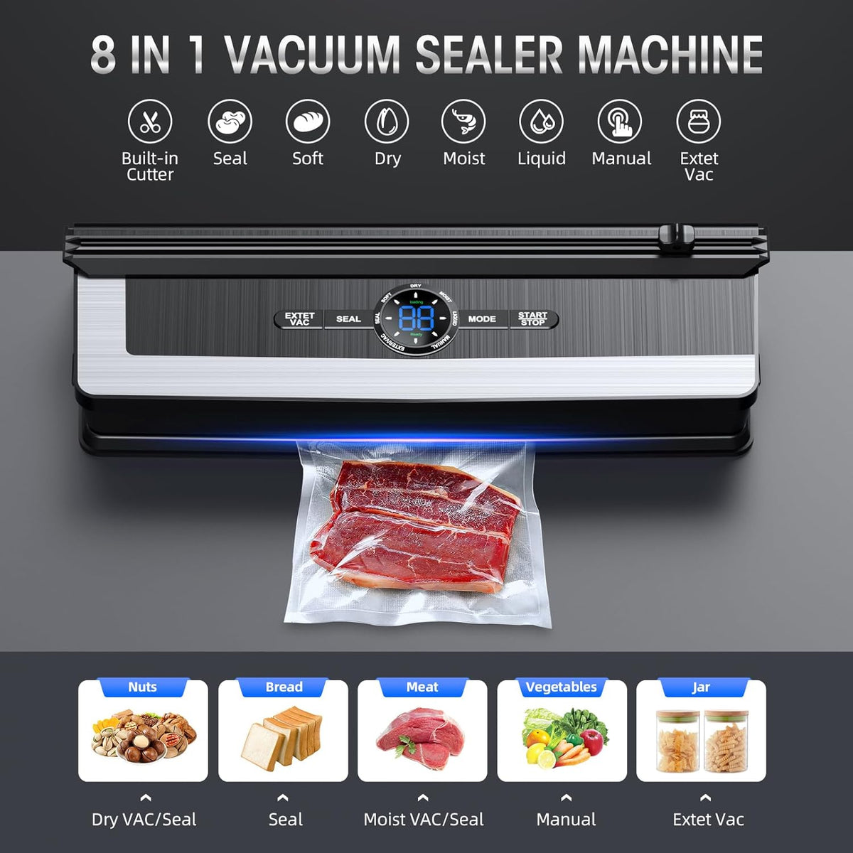 8-in-1 Vacuum Sealer Machine with Built-in Cutter and LED Display