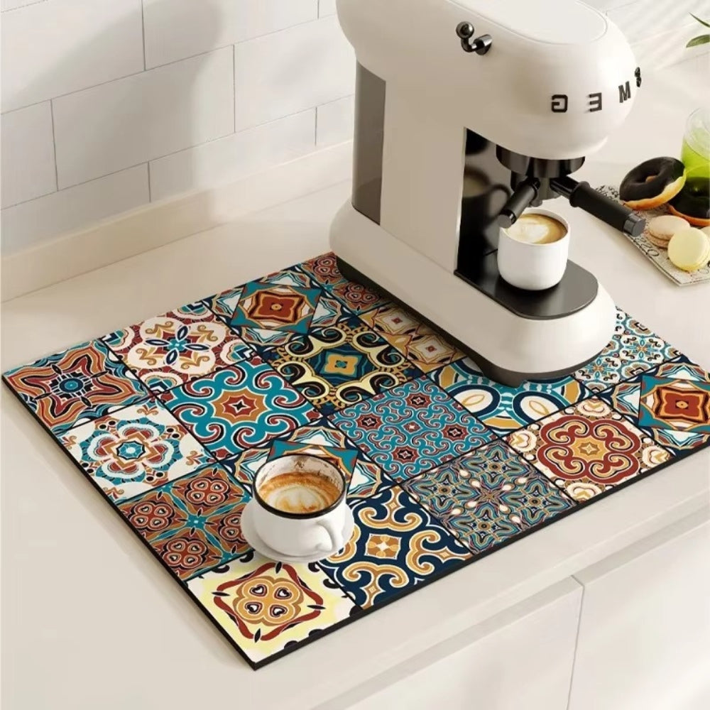 Absorbent Coffee Drying Mat with Retro Tile Pattern and Anti-Slip Backing