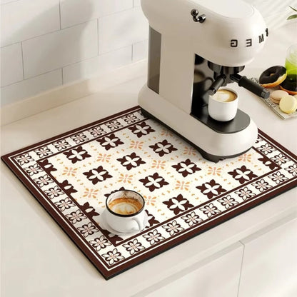 Absorbent Coffee Drying Mat with Retro Tile Pattern and Anti-Slip Backing